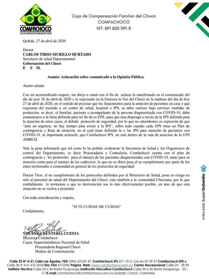 Directora de Comfachocó envió nota a Secretario de Salud