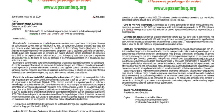 Ambuq reitera al gobernador medidas urgentes para mejorar la red de salud del Chocó