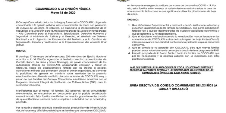 Consejo Comunitario de Riosucio pide suspender la erradicación de coca