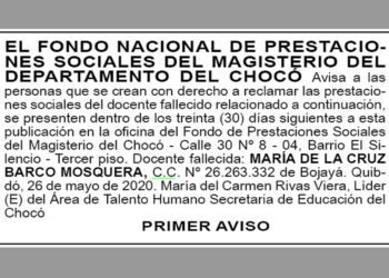 Edicto, primer aviso, María de la Cruz Barco Mosquera
