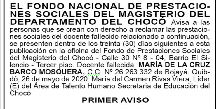 Edicto, primer aviso, María de la Cruz Barco Mosquera