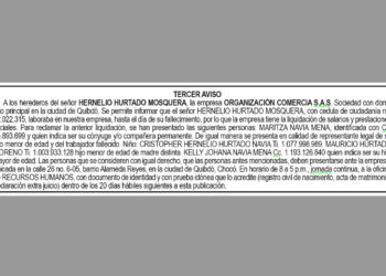 Edicto, tercer aviso, Hernelio Hurtado