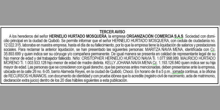 Edicto, tercer aviso, Hernelio Hurtado