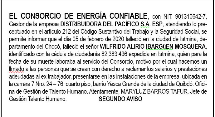 Edicto 2 aviso Wilfrido Alirio Ibargüen