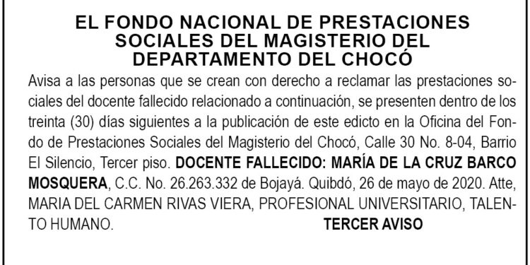Edicto, tercer aviso, María de la Cruz Barco Mosquera