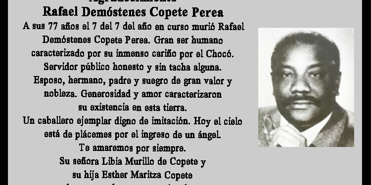 Agradecimiento. Rafael Demóstenes Copete Perea.