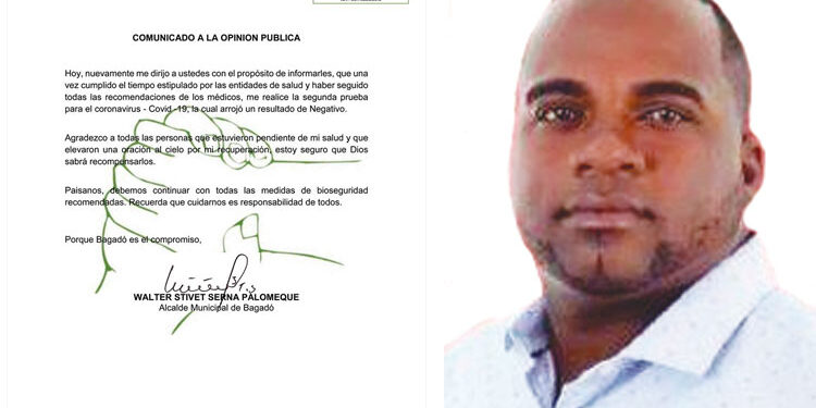 Alcalde de Bagadó ya es negativo para COVID-19