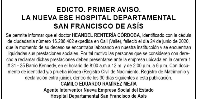 Edicto 1 aviso Heandel Rentería Córdoba