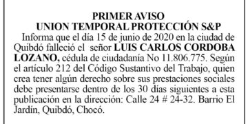 Edicto 1 aviso Luis Carlos Córdoba Lozano