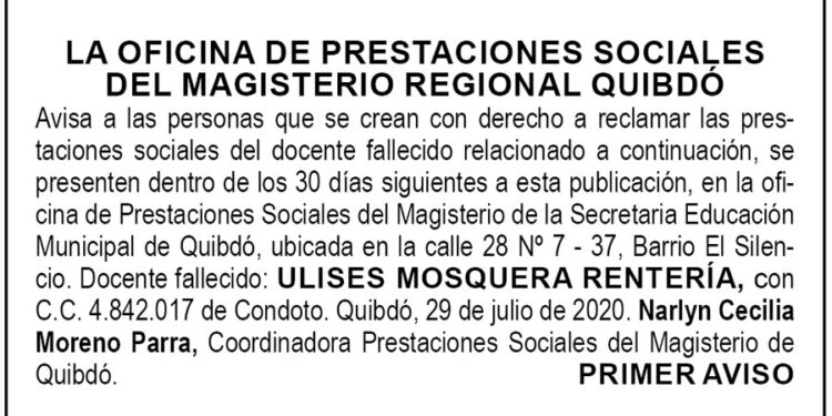 Edicto 1 aviso Ulises Mosquera Rentería