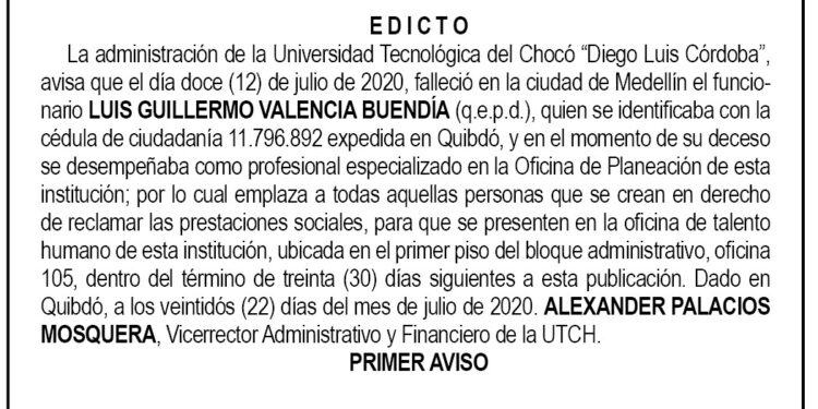 Edicto 1 Aviso Luis Guillermo Valencia Buendía