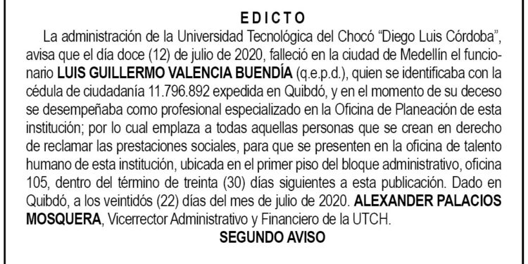 Edicto 2 Aviso Luis Guillermo Valencia Buendía