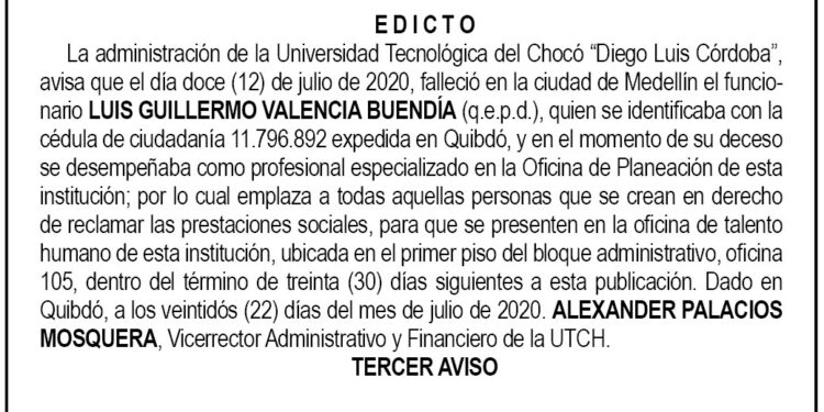 Edicto 3 Aviso Luis Guillermo Valencia Buendía
