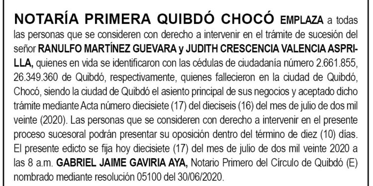 Edicto Ranulfo Martínez Guevara y Judith Crescencia Valencia Asprilla
