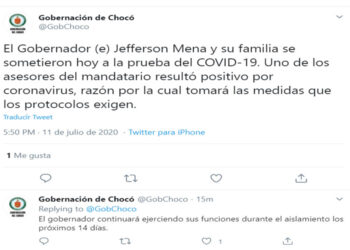 Gobernador (E) del Chocó en aislamiento 14 días