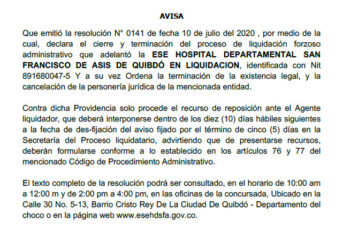 Cierre y terminación del proceso de liquidación forzoso de la ESE Hospital Departamental San Francisco de Asís de Quibdó en Liquidación