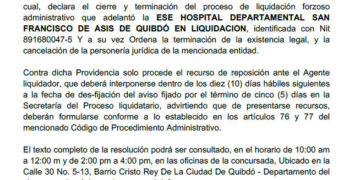 Cierre y terminación del proceso de liquidación forzoso de la ESE Hospital Departamental San Francisco de Asís de Quibdó en Liquidación