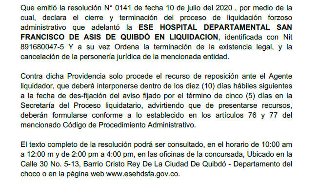 Cierre y terminación del proceso de liquidación forzoso de la ESE Hospital Departamental San Francisco de Asís de Quibdó en Liquidación