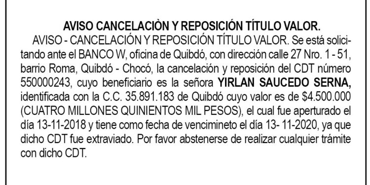 Aviso cancelación y reposición título valor