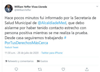 William Yeffer Vivas se aisló por contacto con persona con COVID-19
