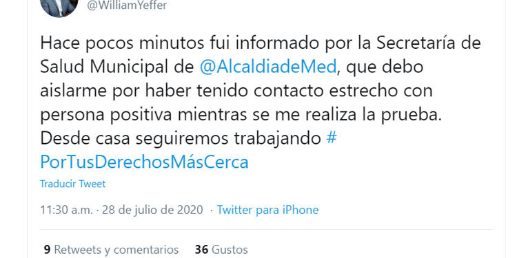 William Yeffer Vivas se aisló por contacto con persona con COVID-19