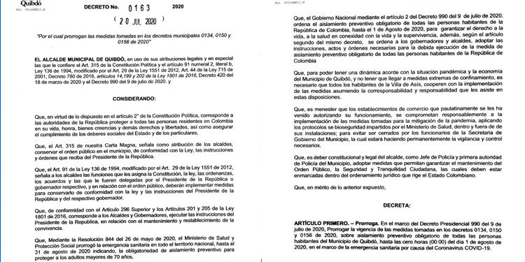 Extienden medidas drásticas de aislamiento obligatorio en Quibdó hasta el 1 de agosto