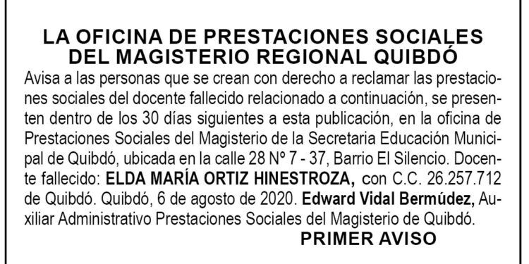 Edicto 1 aviso Elda María Ortiz Hinestroza