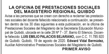 Edicto 1er. aviso Luis Emilio Palacios Bejarano