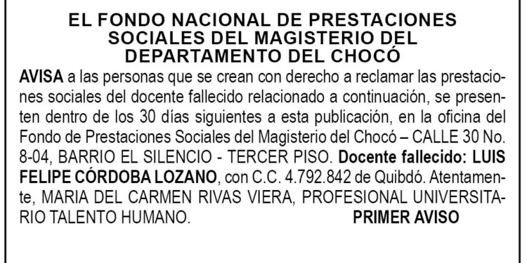 Edicto 1er. aviso Luis Felipe Córdoba Lozano