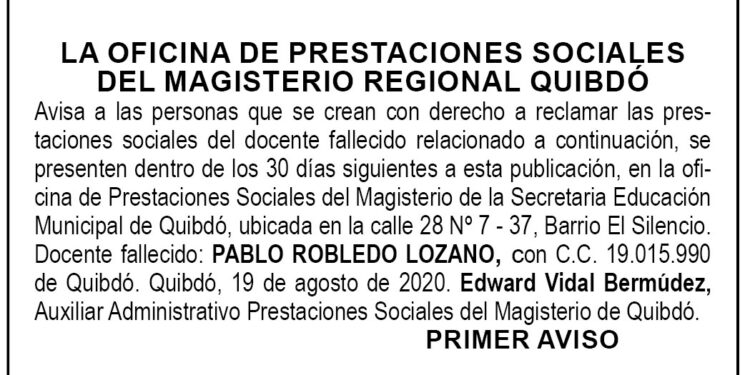 Edicto 1er. aviso Pablo Robledo Lozano