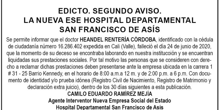 Edicto 2do aviso Heandel Rentería Córdoba