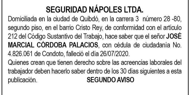 Edicto 2 aviso José Marcial Córdoba Palacios