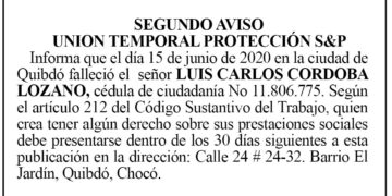 Edicto 2 aviso Luis Carlos Córdoba Lozano