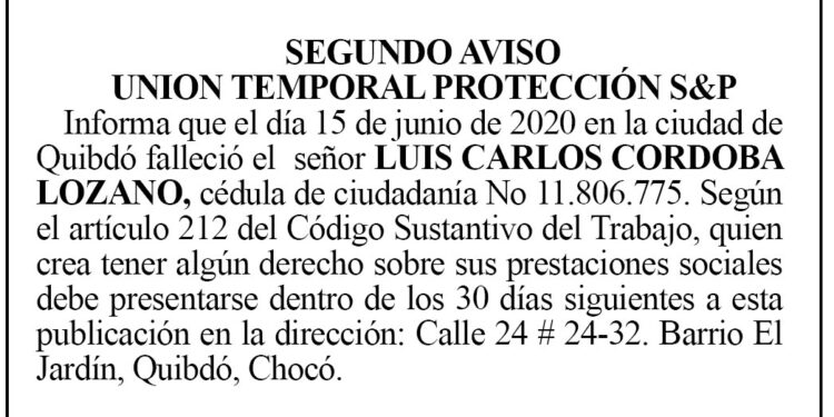 Edicto 2 aviso Luis Carlos Córdoba Lozano