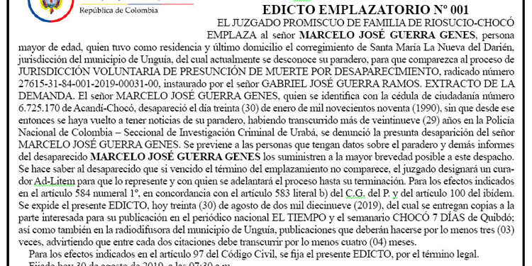 Edicto emplazatorio Marcelo José Guerra Genes