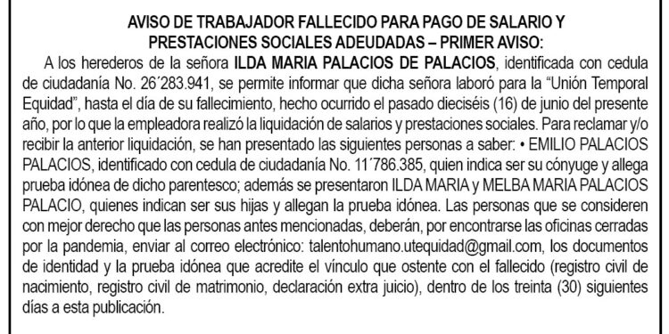 Edicto 1er aviso Ilda María Palacios de Palacios