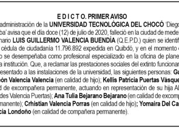 Edicto 1er. aviso Luis Guillermo Valencia