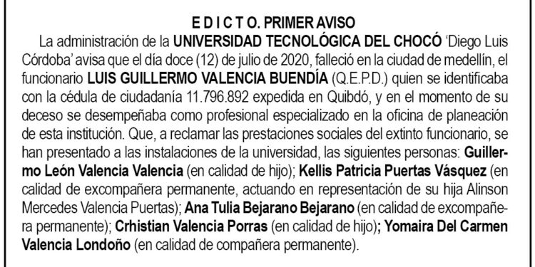 Edicto 1er. aviso Luis Guillermo Valencia