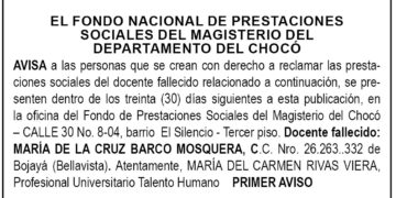 Edicto 1er. aviso María de la Cruz Barco Mosquera