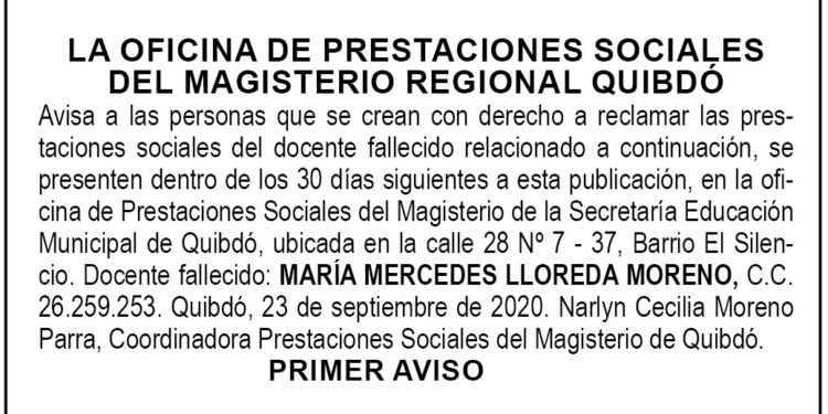 Edicto 1er. aviso María Mercedes Lloreda Moreno