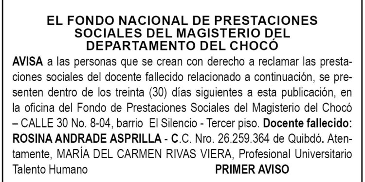 Edicto 1er. aviso Rosina Andrade Asprilla