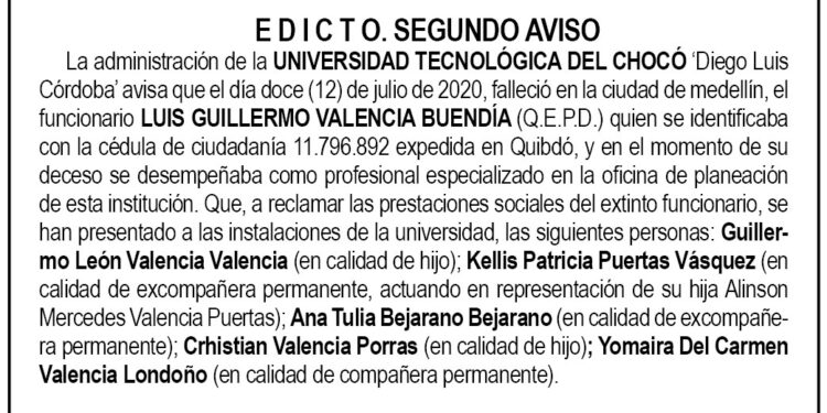 Edicto 2do. aviso Luis Guillermo Valencia Buendía