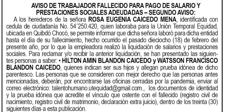 Edicto 2do. aviso Rosa Eugenia Caicedo Mena