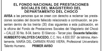 Edicto 1er. aviso Humberto Valoyes Caicedo