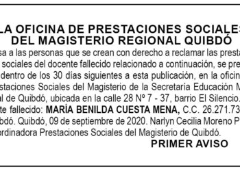 Edicto 1er. aviso María Benilda Cuesta Mena