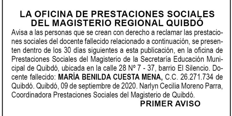 Edicto 1er. aviso María Benilda Cuesta Mena