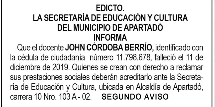 Edicto 2do. aviso Jhon Córdoba Berrío