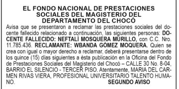 Edicto 2do. aviso Neftalí Mosquera Murillo