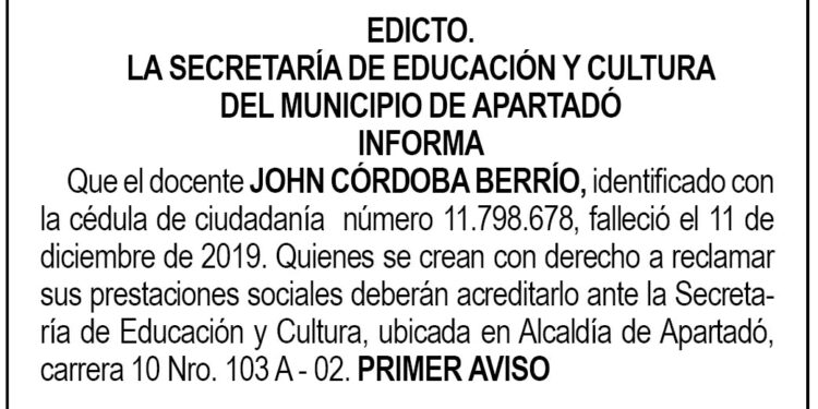 Edicto 1er. aviso Jhon Córdoba Berrío