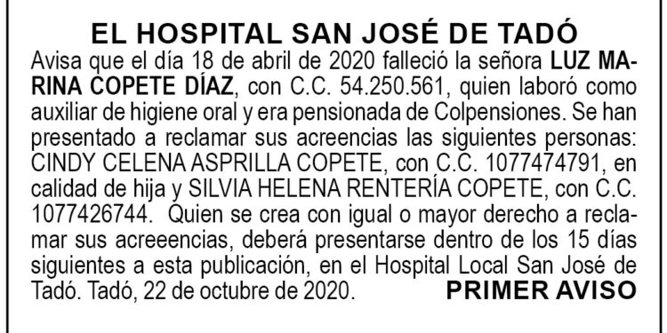 Edicto 1er. aviso Luz Marina Copete Díaz